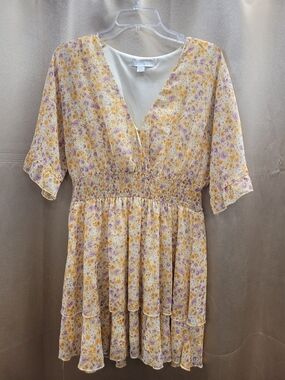 Floral V-Neck Tiered Mini Dress in Yellow & Lavender